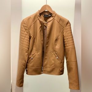 Moto style imitation leather jacket.